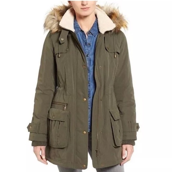 Halogen Utility Coat Faux Fur Lined Hooded Anorack Jacket, Army Green, Size S/P - Picture 1 of 13